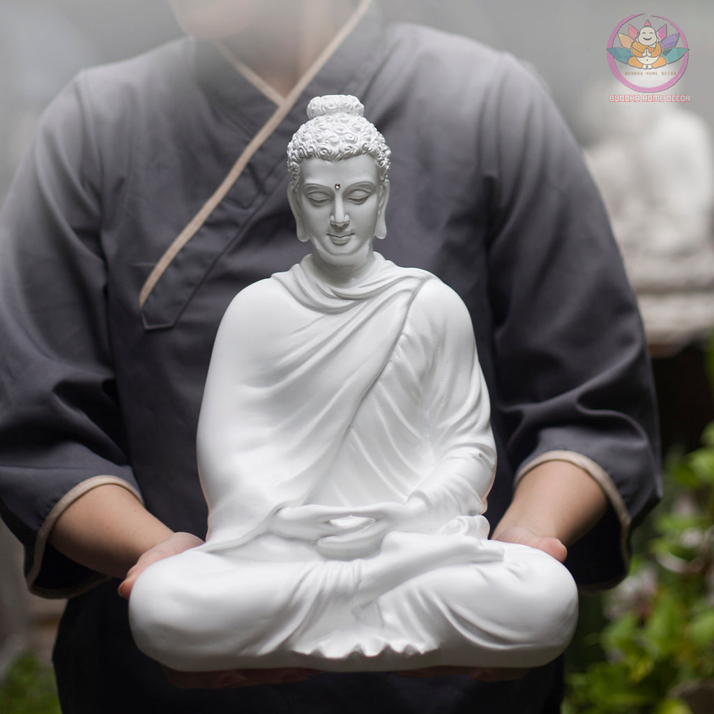 White Shakyamuni Buddha Statue – 13.7" Resin Sculpture | Minimalist Zen Decor for Altar, Meditation & Spiritual Gift