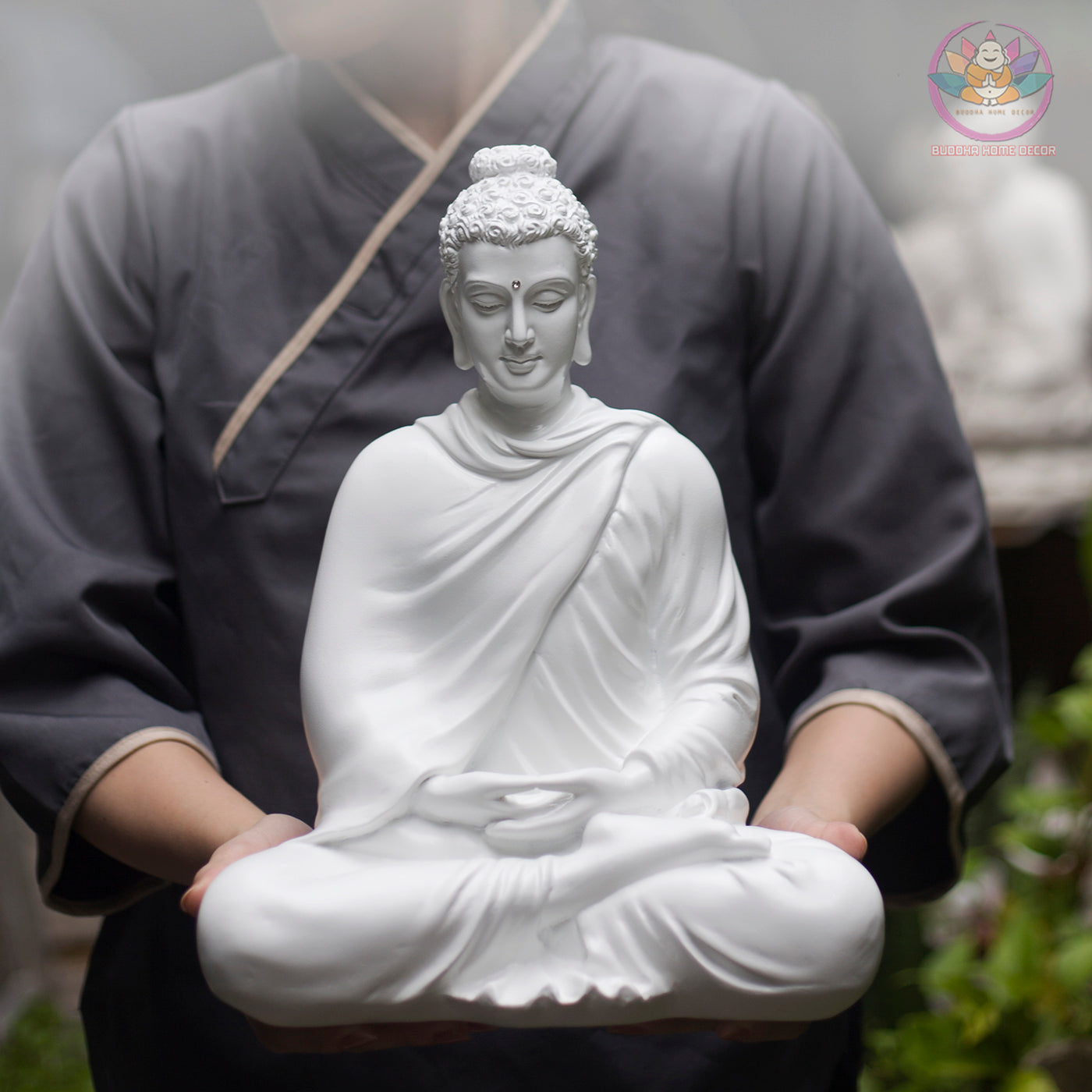 White Shakyamuni Buddha Statue – 13.7" Resin Sculpture | Minimalist Zen Decor for Altar, Meditation & Spiritual Gift