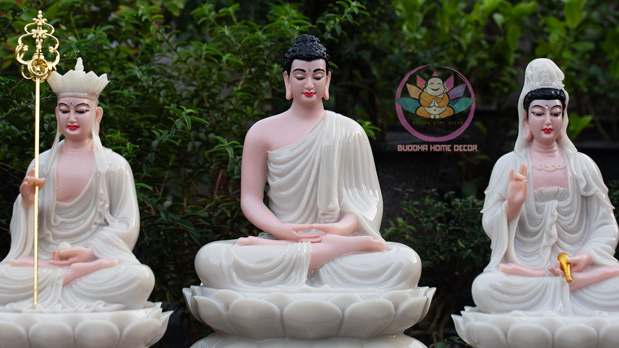 White Crystal Buddhist Trinity Statue Set – Shakyamuni Guanyin Ksitigarbha