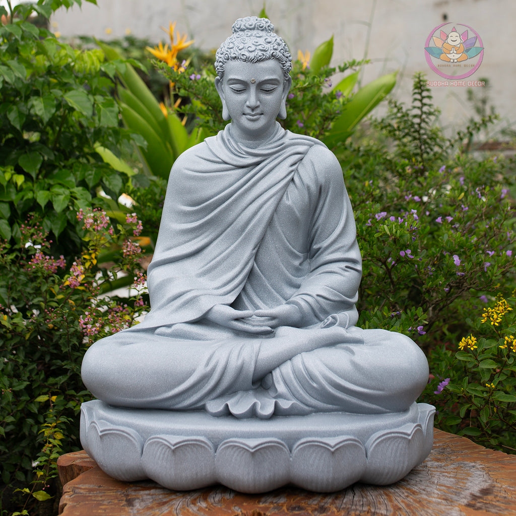 Shakyamuni Buddha Statue 23.6" | Composite Resin and Stone Powder | Grey Stone Finish | Seated Meditation Buddha on Lotus Pedestal
