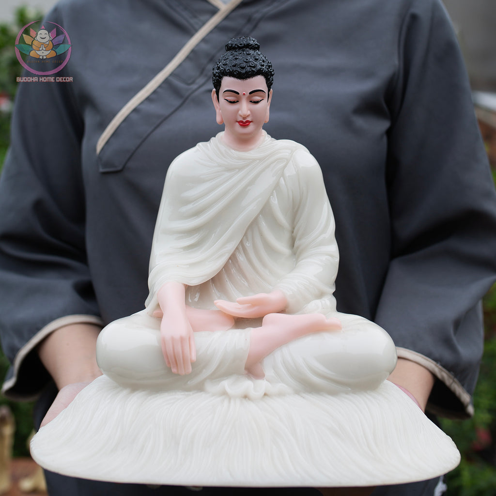 Shakyamuni Buddha Statue 11.8" – Glossy White Resin Meditation Figurine, Seated Buddhist Sculpture for Zen Home Altar, Yoga Studio Decor