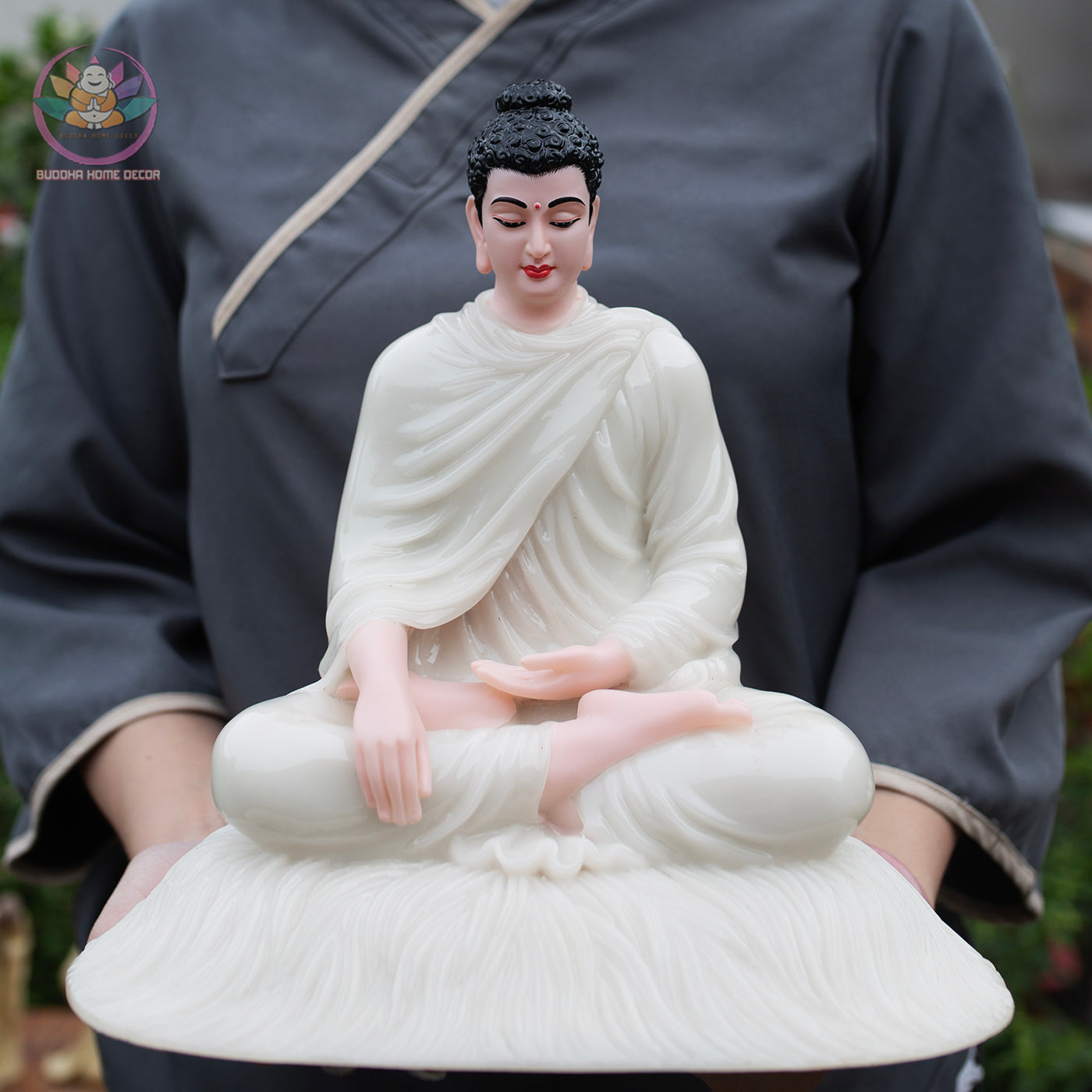 Shakyamuni Buddha Statue 11.8" – Glossy White Resin Meditation Figurine, Seated Buddhist Sculpture for Zen Home Altar, Yoga Studio Decor
