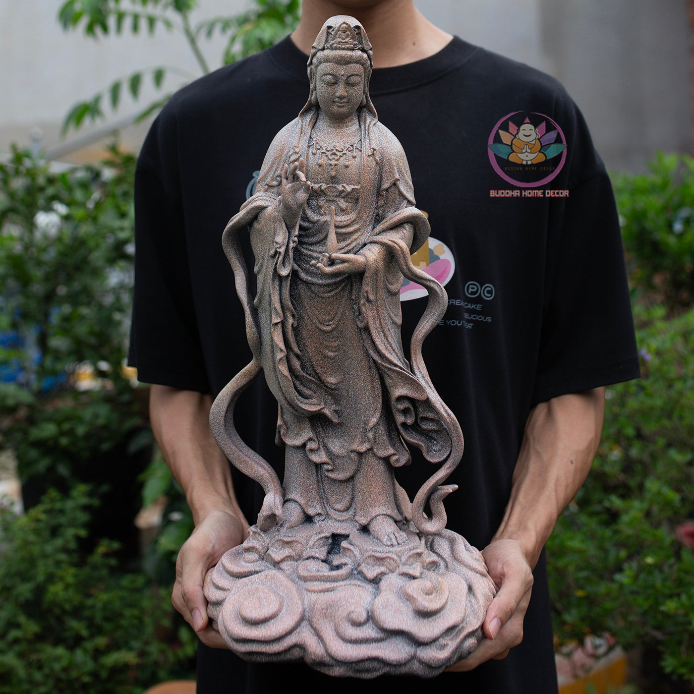 Guanyin Bodhisattva Statue 19.7" – Antique Stone Finish Standing Kwan Yin on Cloud Base