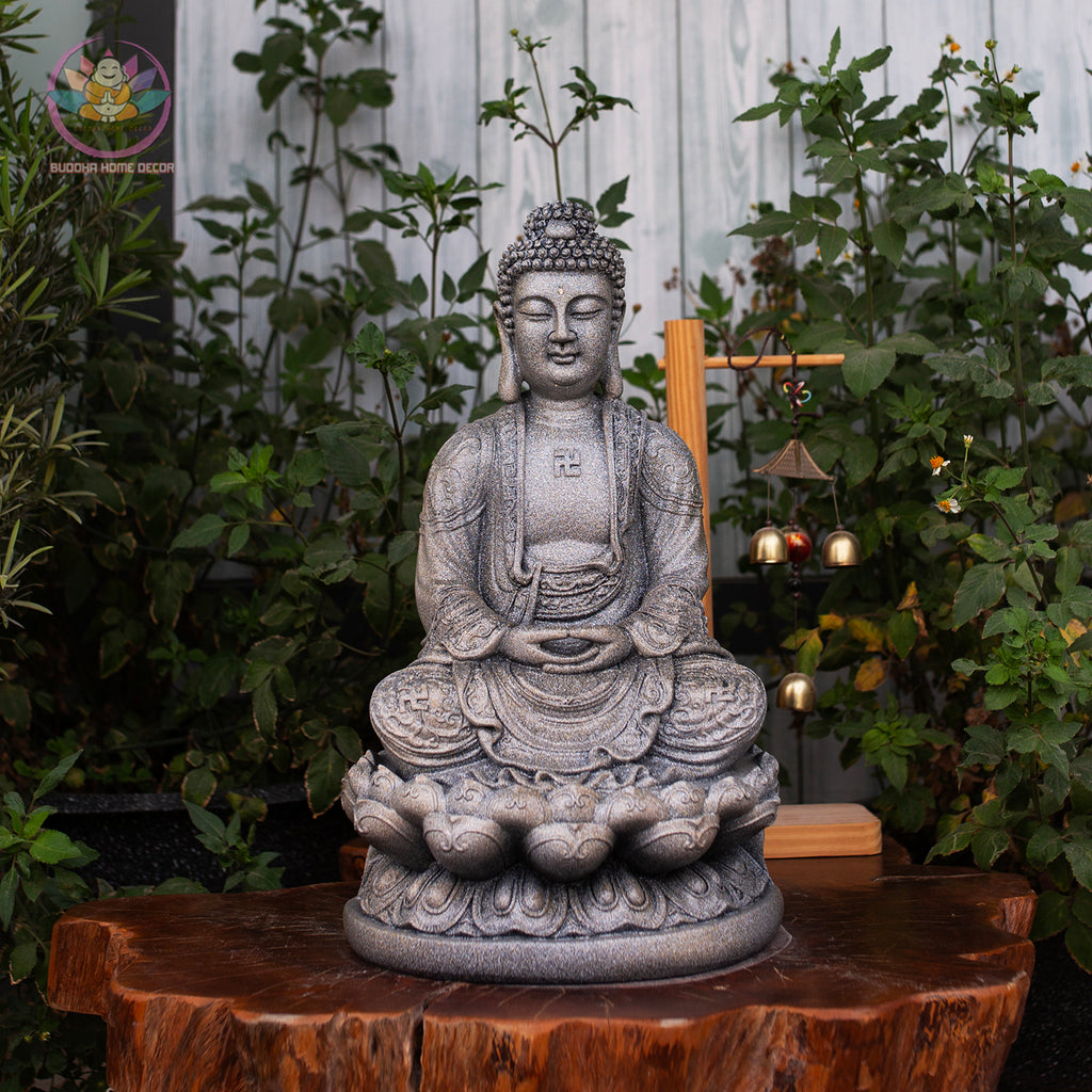 Amitabha Buddha Statue – Gray Stone Finish Resin Sculpture – Zen Meditation Decor, Buddhist Altar Ornament, Spiritual Gift
