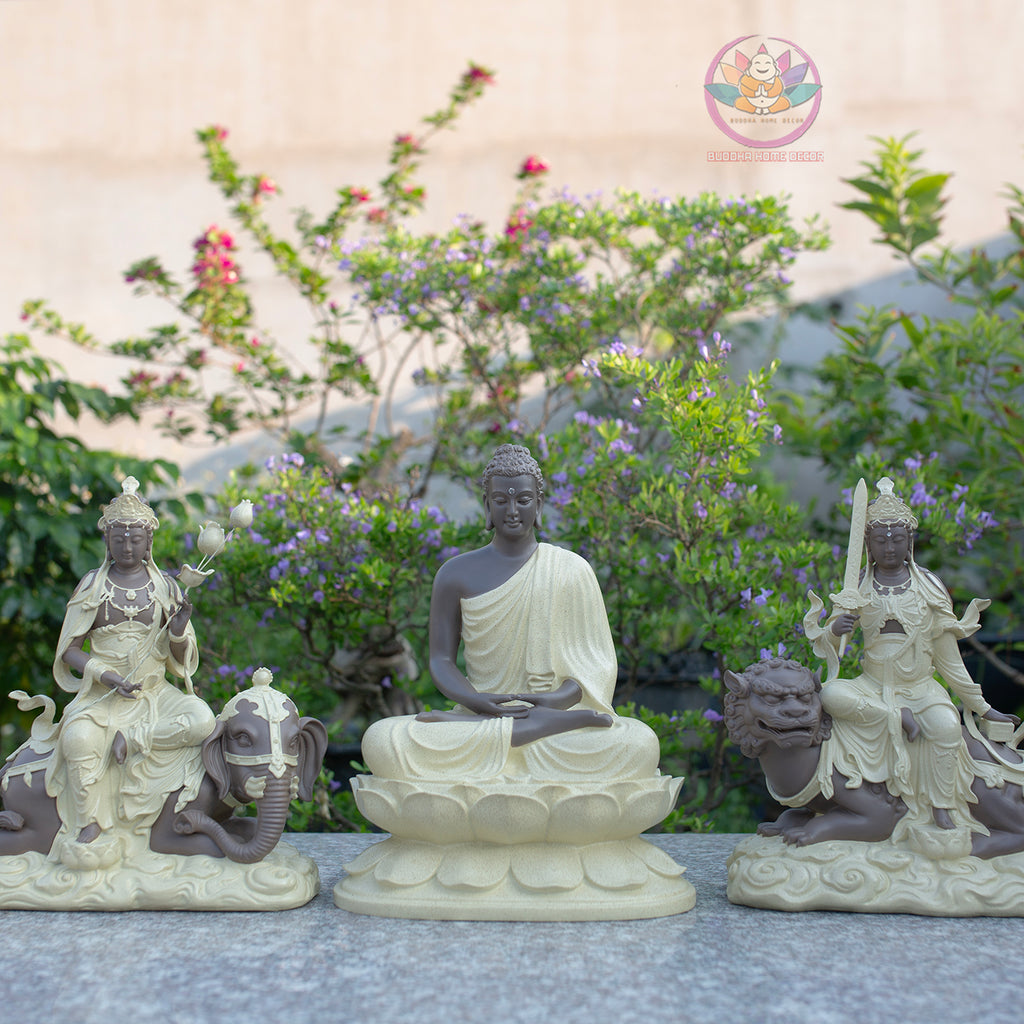 Huayan Trinity Buddha Statue Set, Shakyamuni Manjushri Samantabhadra, Ceramic Beige Finish, Buddhist Altar Set, Zen Meditation Decor