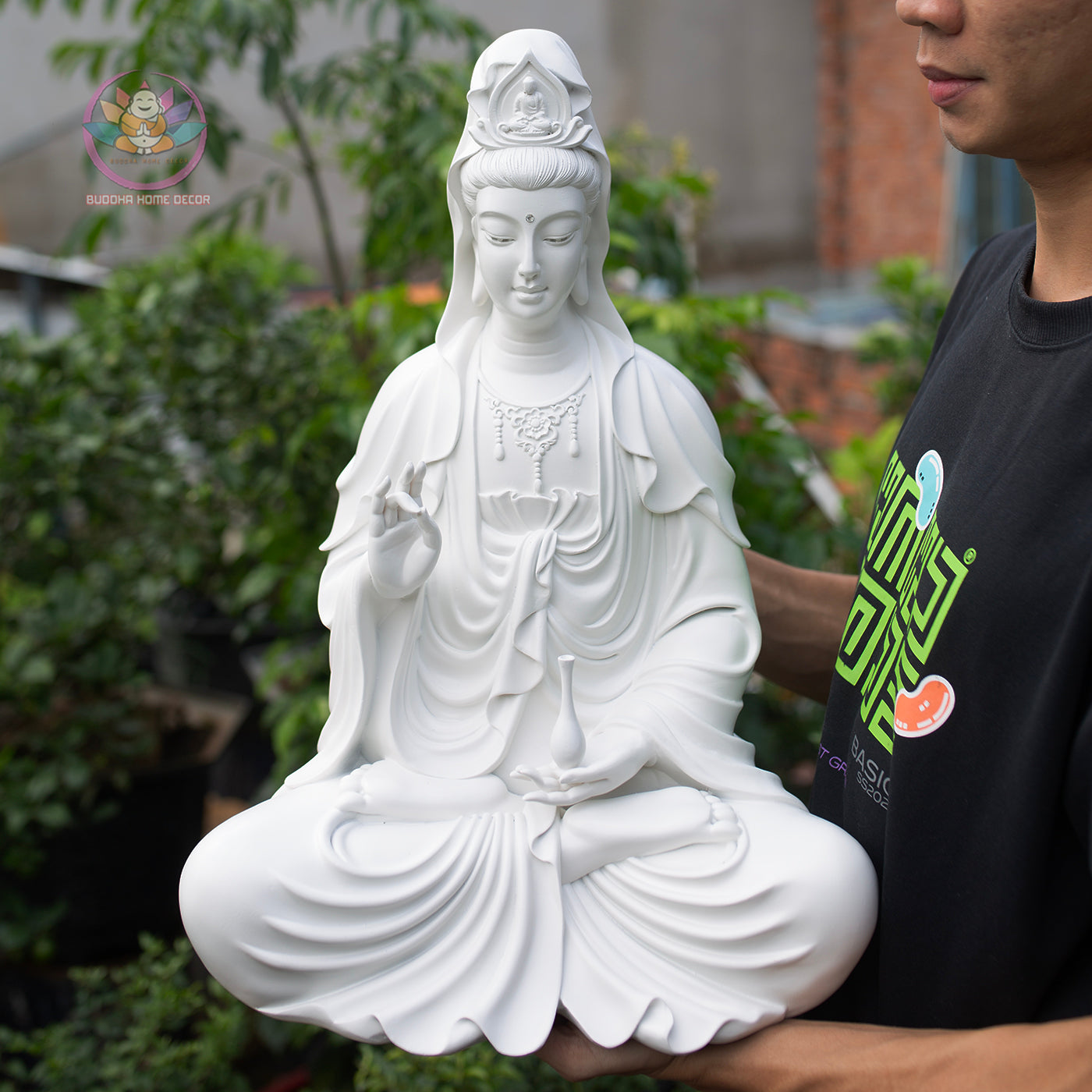 Seated Quan Yin Statue 18.5" | Composite Resin and Stone Powder | White Finish Guan Yin Bodhisattva