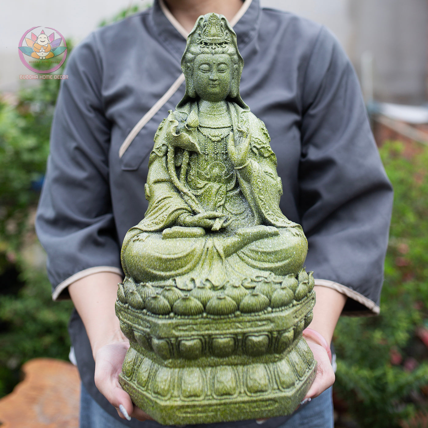 Guanyin Bodhisattva Statue 15.7" – Antique Green Stone Resin Kwan Yin Sculpture, Goddess of Mercy Figurine, Zen Buddhist Altar Decor Gift