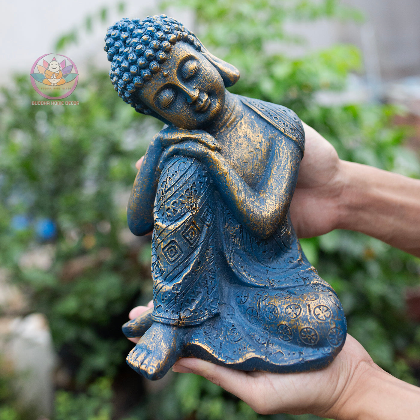 Resting Buddha Statue 9.4" – Blue Gold Finish Peaceful Sleeping Buddha Sculpture