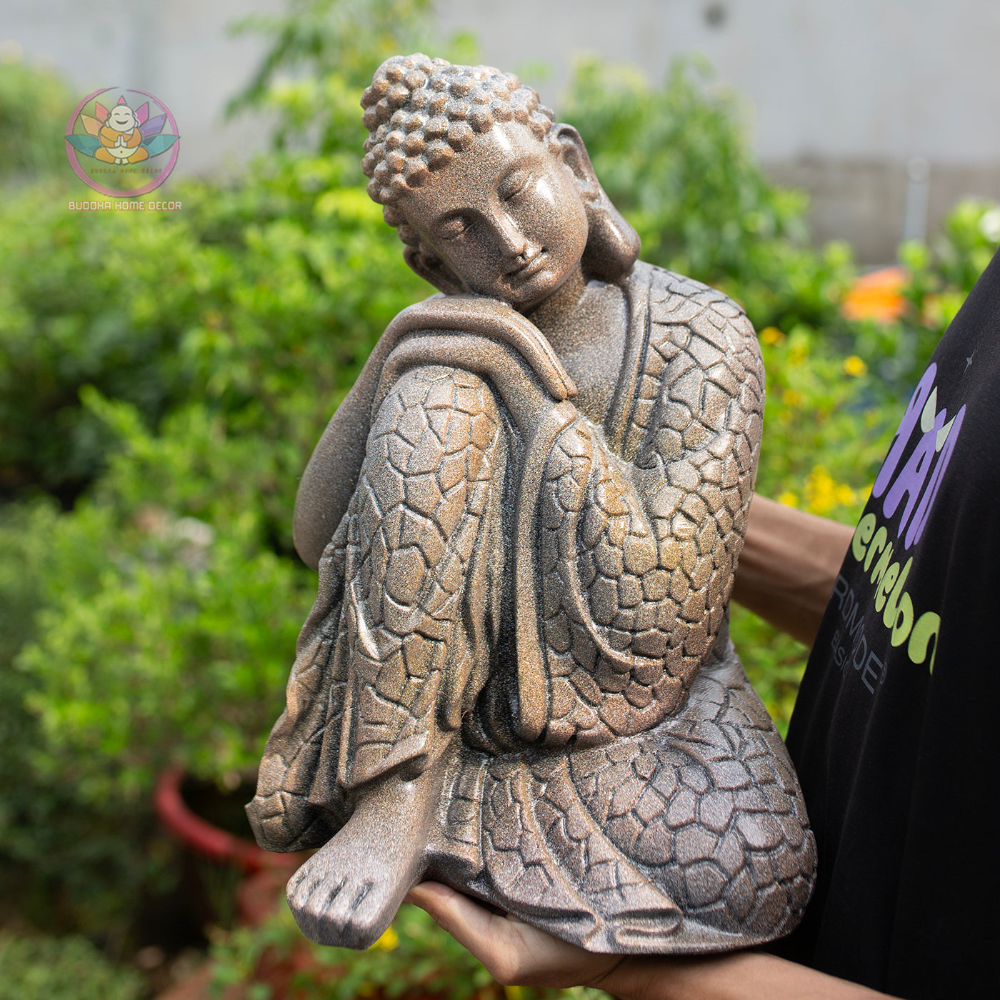 Resting Buddha Statue – Silver Finish Resin Sculpture – Zen Meditation Decor, Mindfulness Gift, Buddhist Home Altar Ornament - 13.4 inches