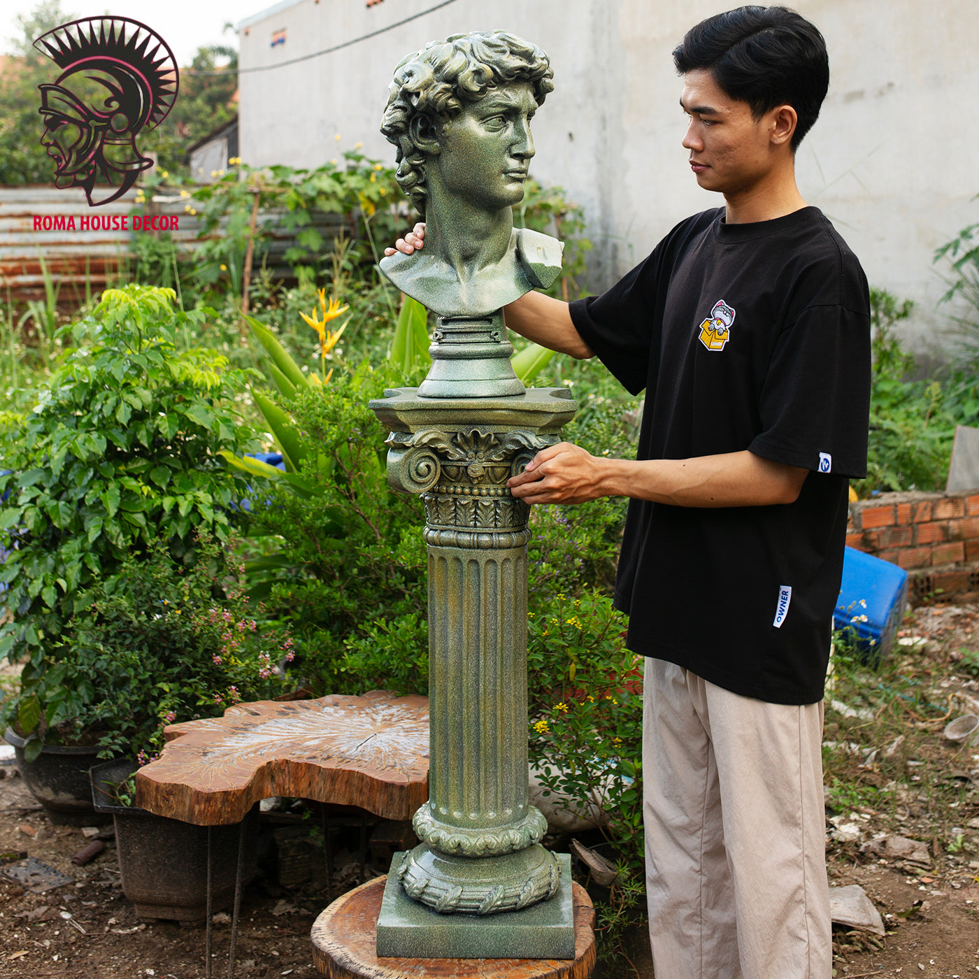 Greek David Bust with Corinthian Column – Classic Roman Style Decor Set, Green Stone Finish (21.6" & 30.7")