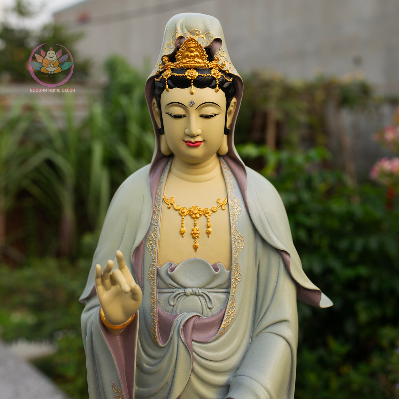 Standing Guanyin Statue – 35.4" (90cm) Bodhisattva on Cloud Base | Hand-Painted Resin Sculpture | Vintage Buddhist Decor from Vietnam