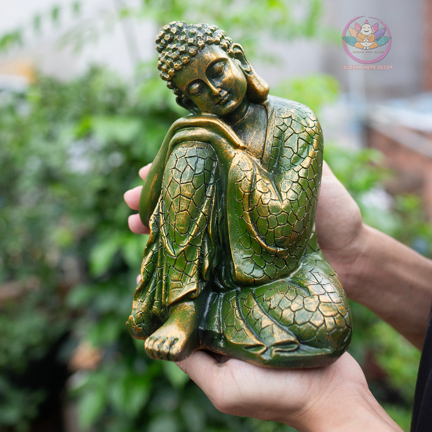 Resting Buddha Statue 7.9" – Green Gold Finish Peaceful Sleeping Buddha Figurine