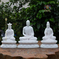 White Resin Buddha Statue Set – 30cm Guanyin & Ksitigarbha, 32cm Shakyamuni Buddha on Lotus Base