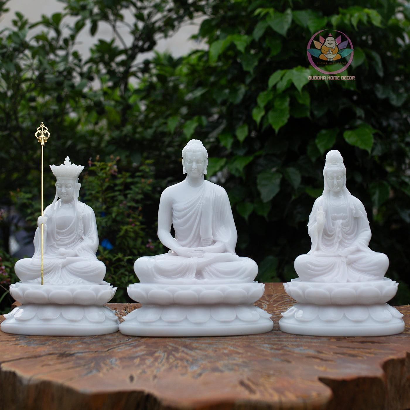 White Resin Buddha Statue Set – 30cm Guanyin & Ksitigarbha, 32cm Shakyamuni Buddha on Lotus Base