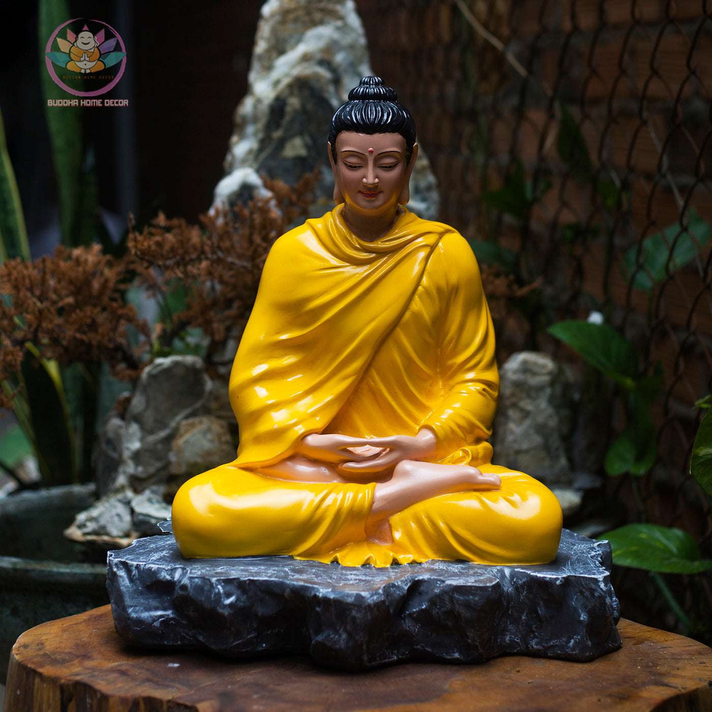 Shakyamuni Buddha Statue – 15.7" (40cm) in Burgundy Robe on Stone Base | Resin Meditation Sculpture | Handcrafted Vietnamese Decor