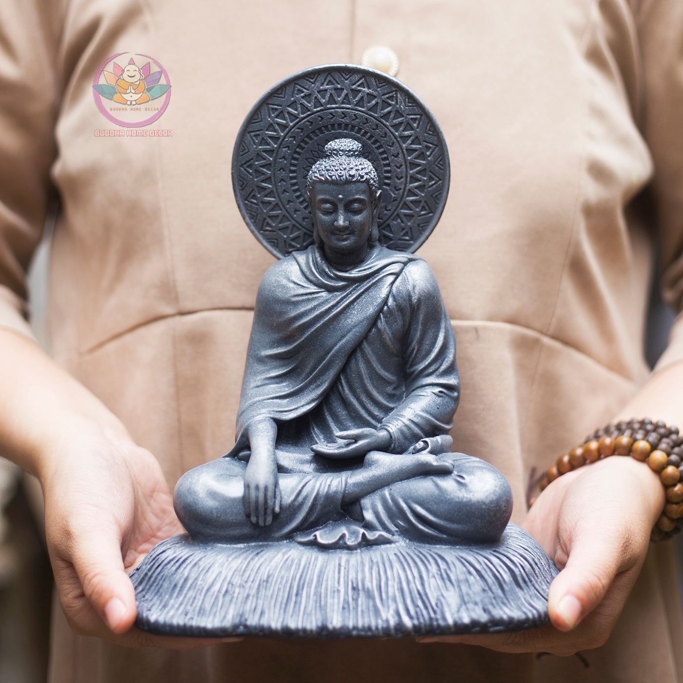 Buddha Statue with Halo – Shakyamuni Meditation Sculpture | Composite Resin Stone Finish | 18cm & 22cm
