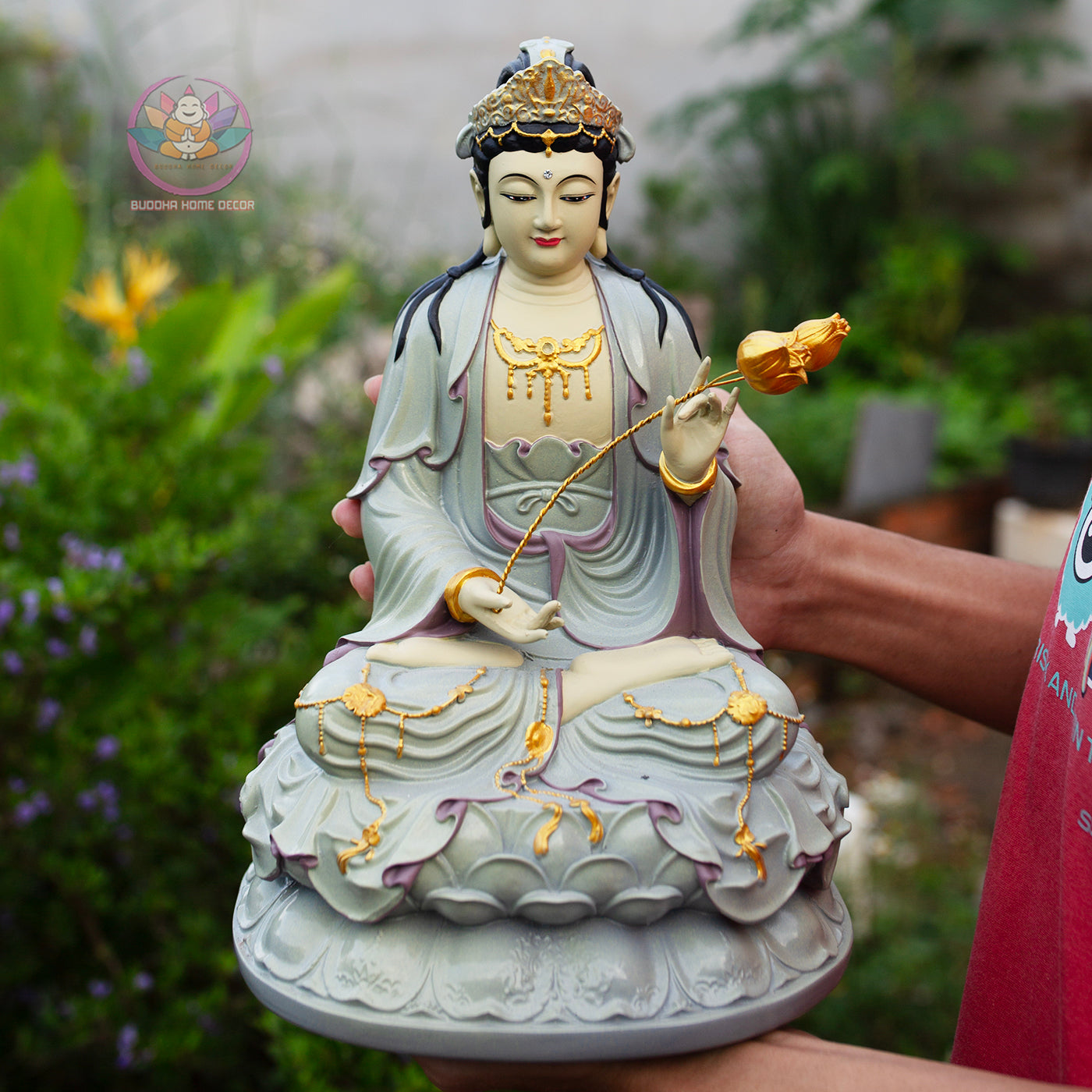 Amitabha Buddha Statue Set 11.8" | Composite Resin and Stone Powder | Buddhist Altar Decor