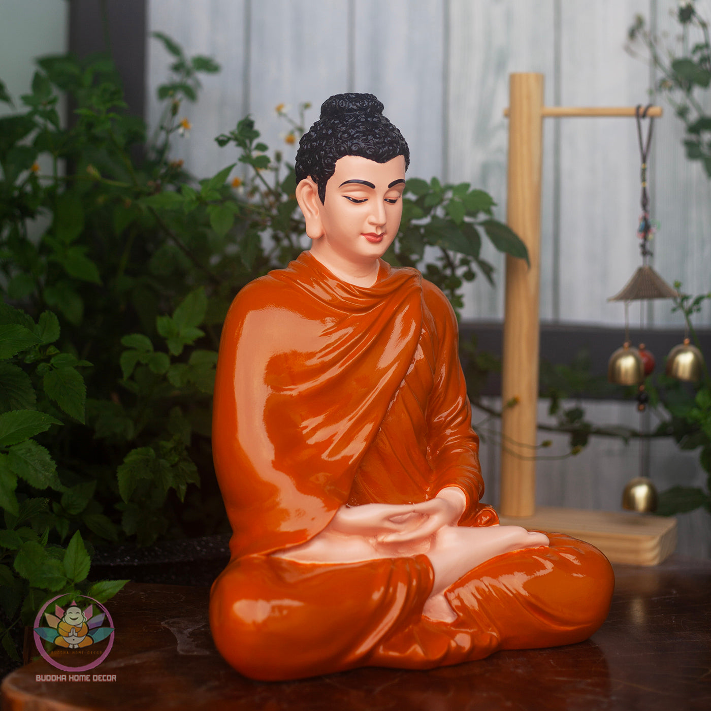 Shakyamuni Buddha Statue – 13.7" Meditation Figure in Orange Robe | Handcrafted Resin Sculpture for Altar & Zen Space