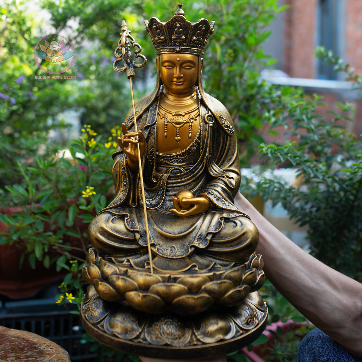 Buddha Statue Set – Shakyamuni 50 cm, Ksitigarbha and Quan Yin 40 cm | Composite Resin and Stone Powder | Golden Finish Buddhist Altar Decor
