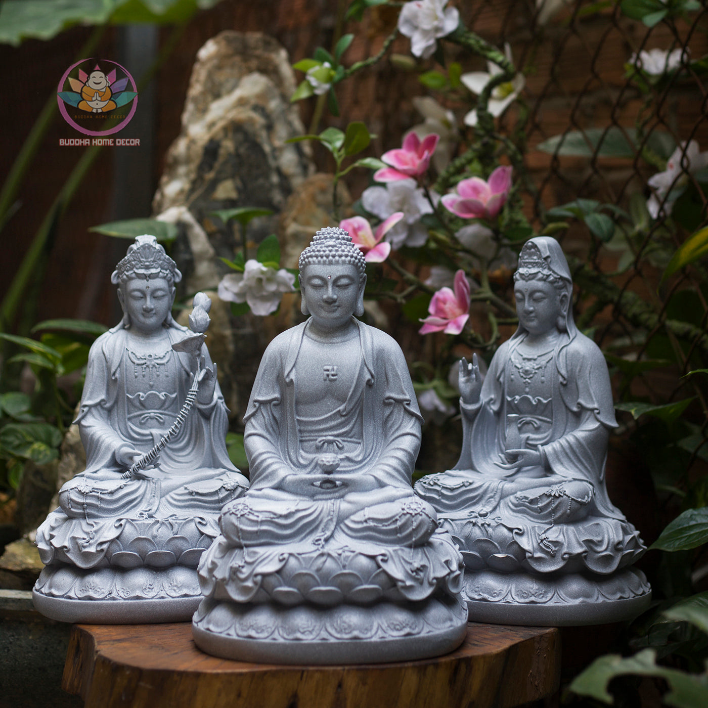 Amitabha Buddha and Bodhisattva Statue Set – Composite Seated Buddha with Avalokiteshvara & Mahasthamaprapta