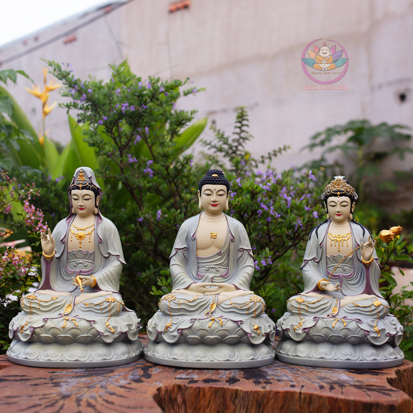 Amitabha Buddha Statue Set 11.8" | Composite Resin and Stone Powder | Buddhist Altar Decor