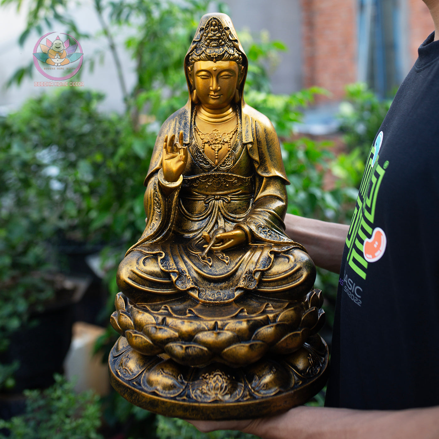 Buddha Statue Set – Shakyamuni 50 cm, Ksitigarbha and Quan Yin 40 cm | Composite Resin and Stone Powder | Golden Finish Buddhist Altar Decor