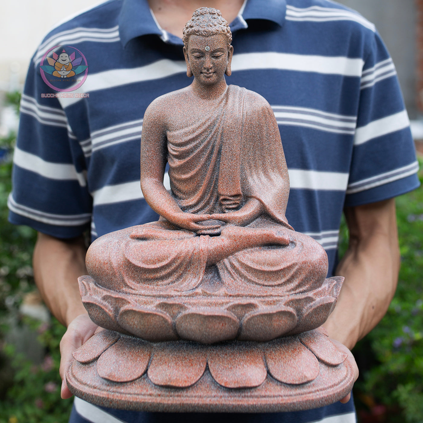 Shakyamuni Buddha Statue 12.6" – Antique Stone Finish Seated Buddha on Lotus Pedestal
