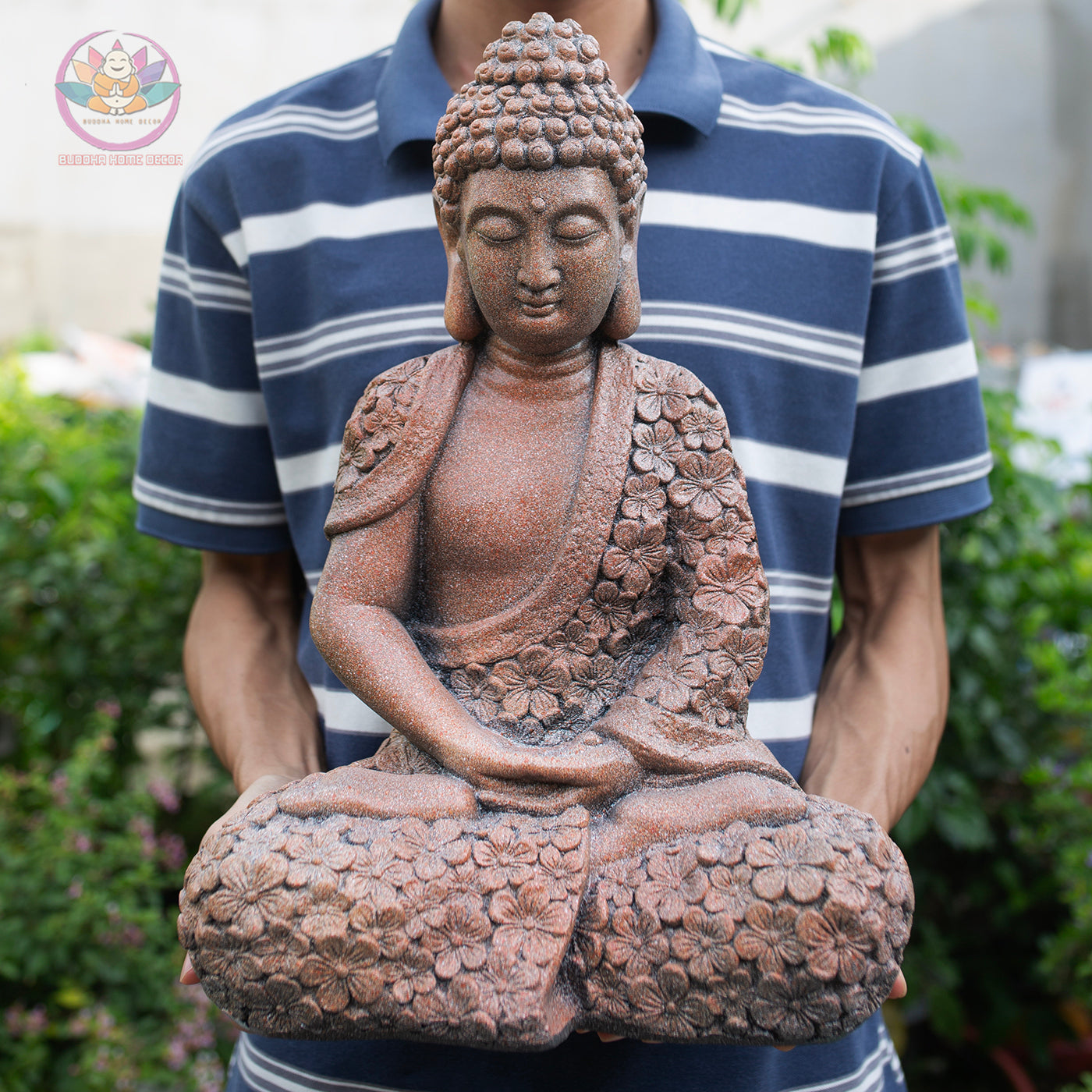 Floral Robe Seated Buddha 16.9" – Meditating Buddha Statue for Home & Garden Decor