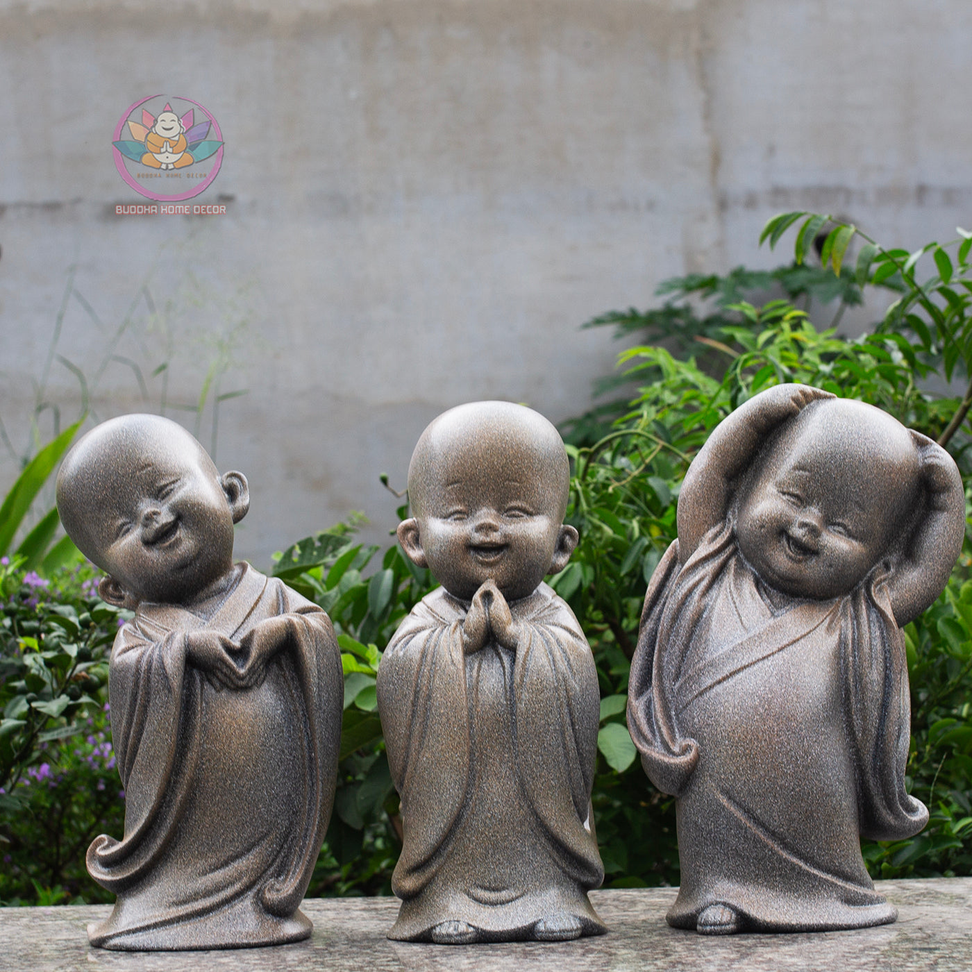 Happy Little Monk Statue Set 15.7" | Composite Resin and Stone Powder | Antique Stone Finish | Zen Monk Figurines for Home and Garden Decor
