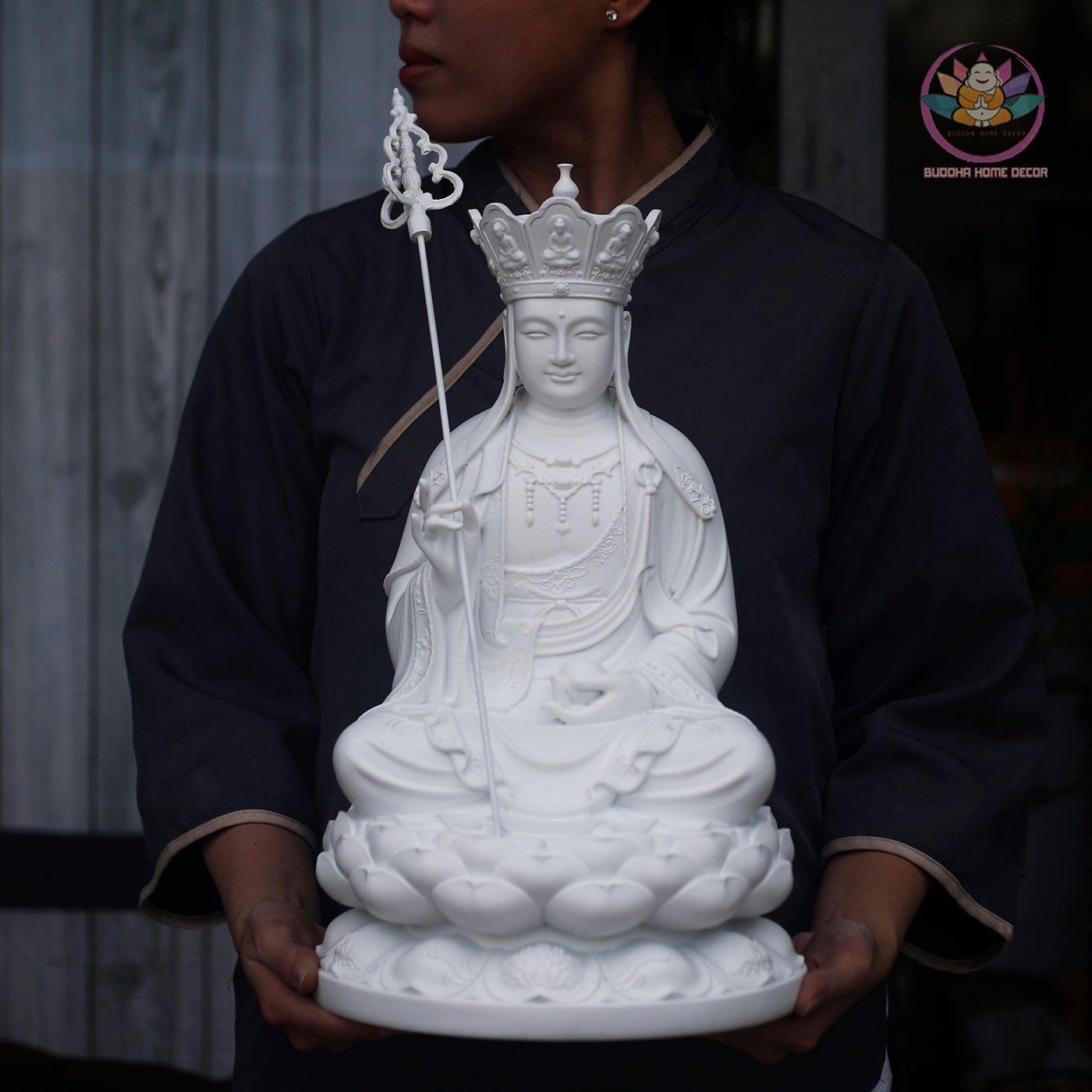 White Ksitigarbha Statue – 15.7" Resin Jizo Bodhisattva Figurine – Zen Home Altar, Meditation Room, Asian Spiritual Decor Gift
