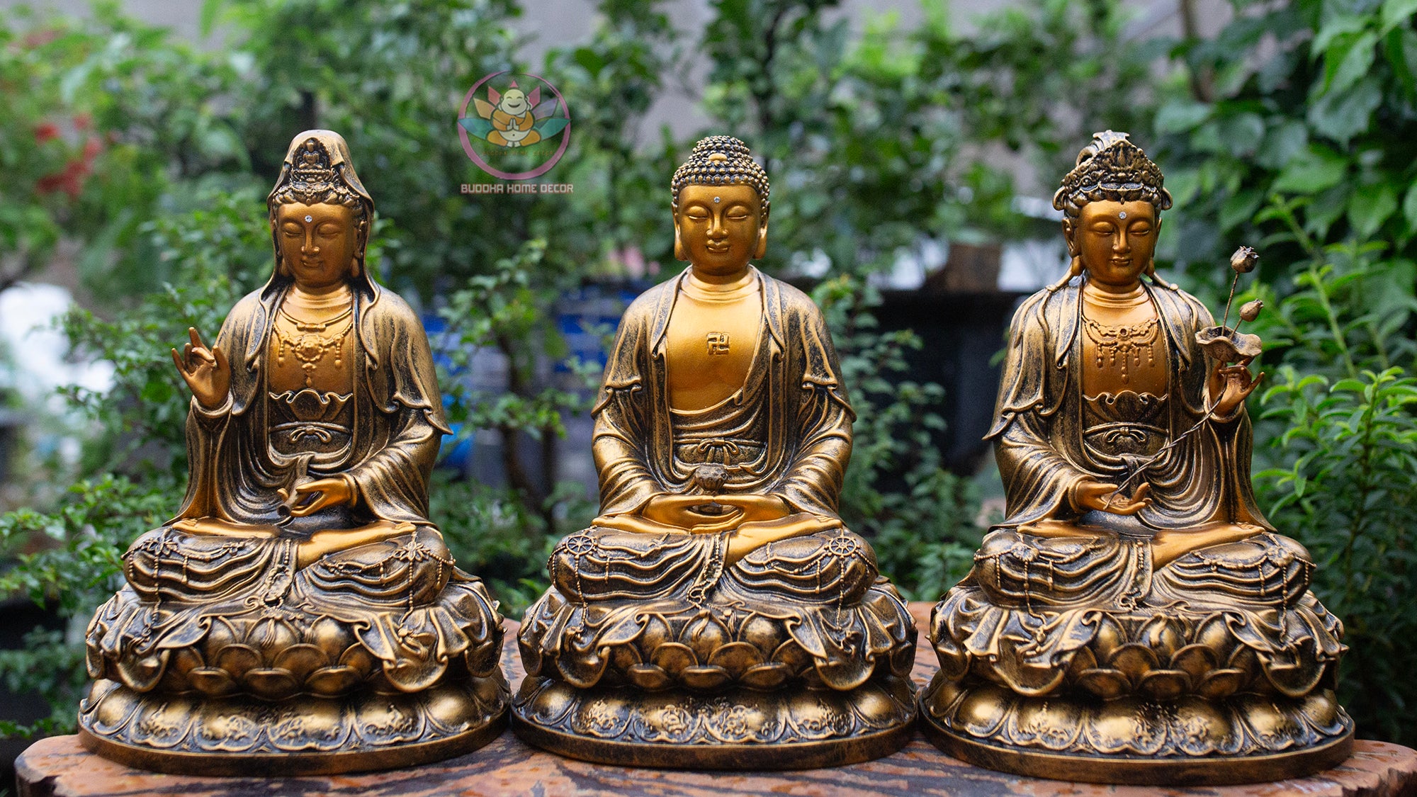Amitabha Buddha & Bodhisattvas Statue Set – 11.8" Golden Finish Resin Figures (Guanyin, Amitabha, Mahasthamaprapta)