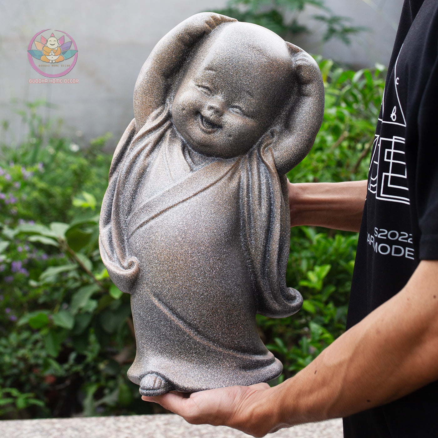 Happy Little Monk Statue Set 15.7" | Composite Resin and Stone Powder | Antique Stone Finish | Zen Monk Figurines for Home and Garden Decor