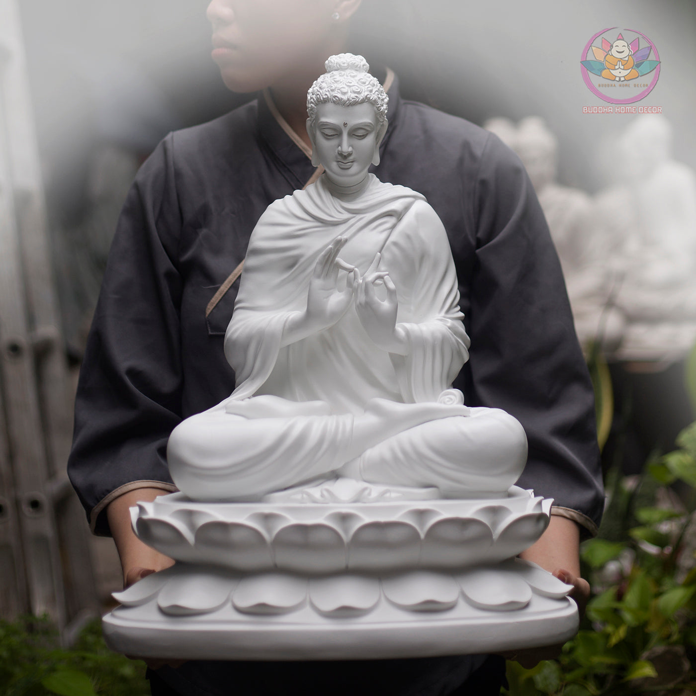 White Buddha Teaching Statue – 19.7" Resin Shakyamuni Turning the Dharma Wheel – Zen Altar, Meditation Space, Spiritual Decor Gift