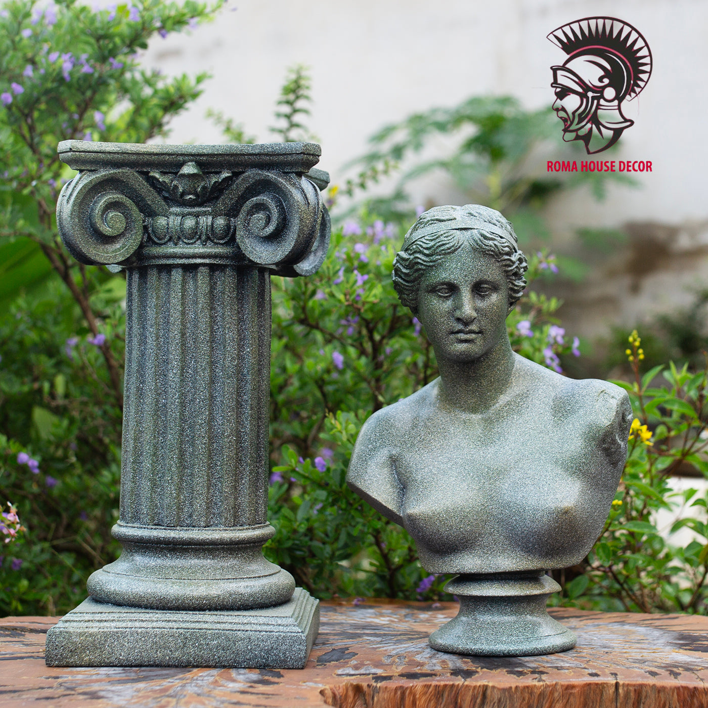 Venus de Milo Bust with Column Pedestal – Greek Goddess Sculpture Set, Green Stone Finish (11.8" & 13")