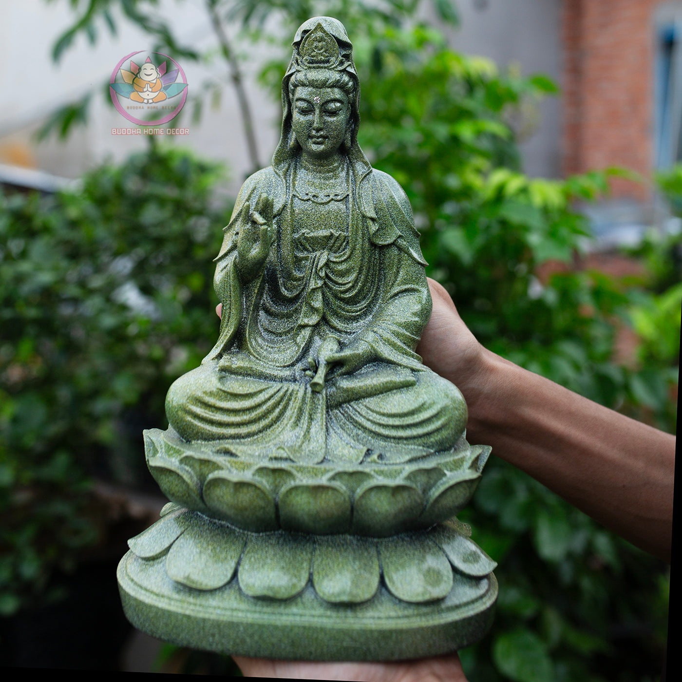 Quan Yin Bodhisattva Statue 11.8" | Green Stone Finish | Seated Guanyin on Lotus Pedestal