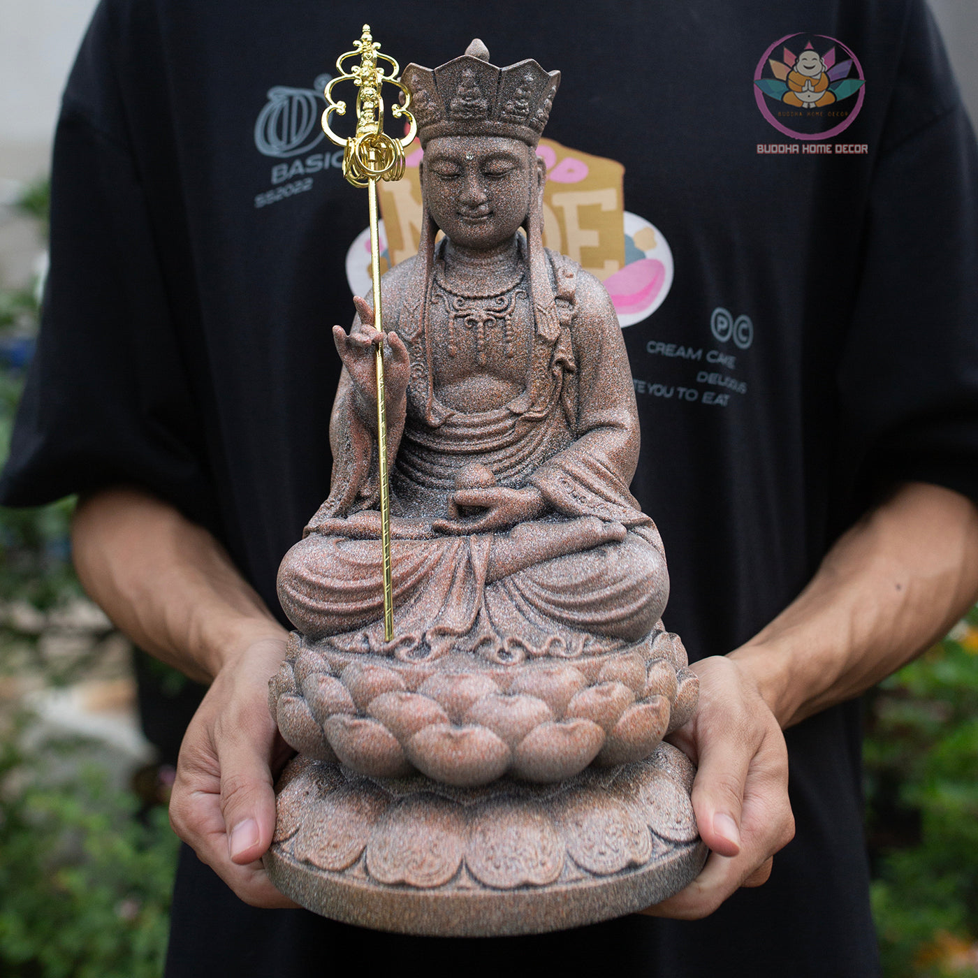 Ksitigarbha Bodhisattva Statue 11.8" – Antique Stone Finish Jizo with Lotus Pedestal