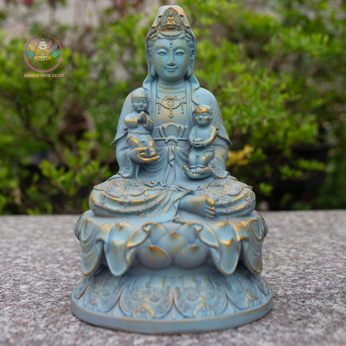 Quan Yin with Children Statue 11.8" | Composite Resin and Stone Powder | Blue Finish Guanyin Bodhisattva