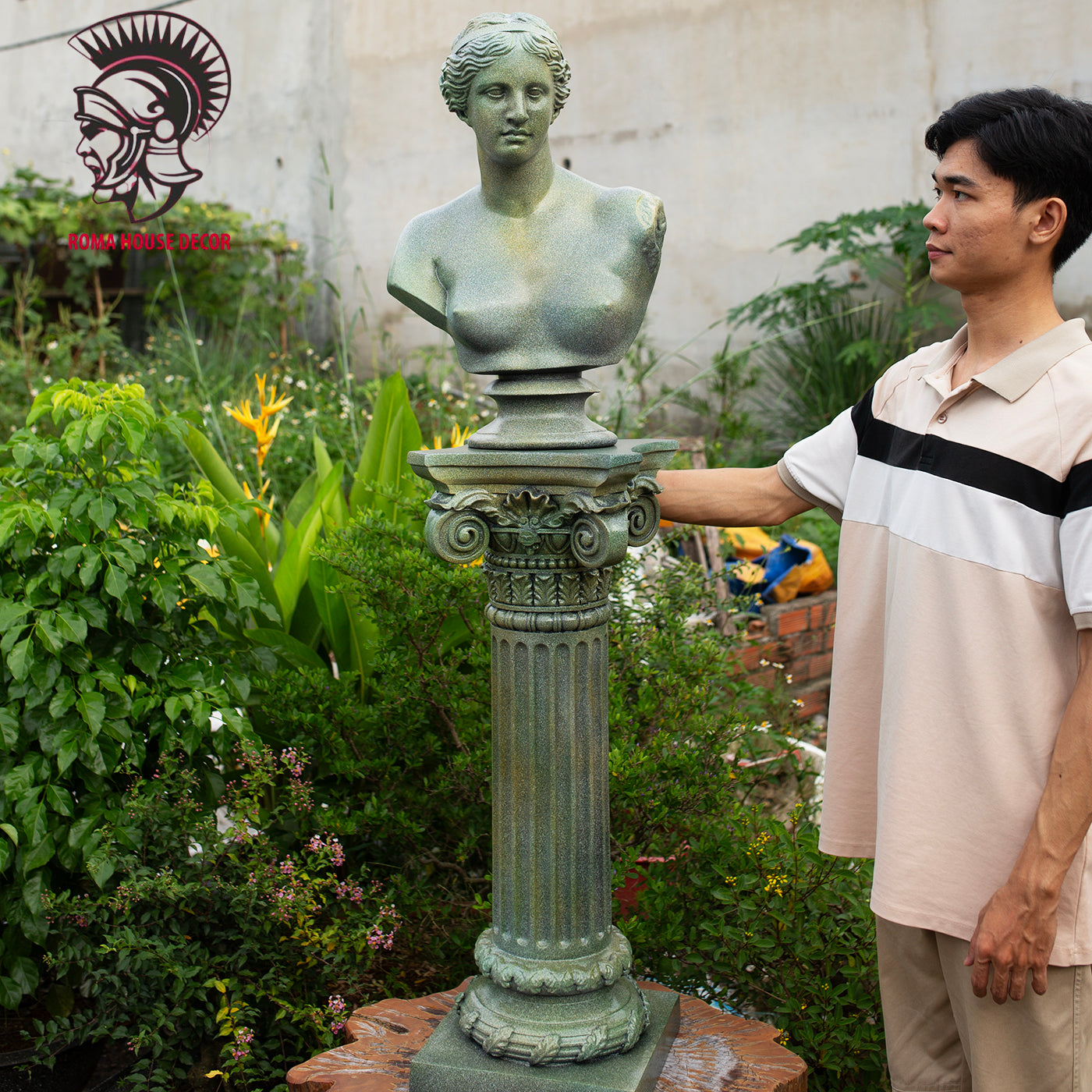 Venus de Milo Bust with Corinthian Column – Greek Goddess Sculpture Set, Green Stone Finish (20.8" & 30.7")