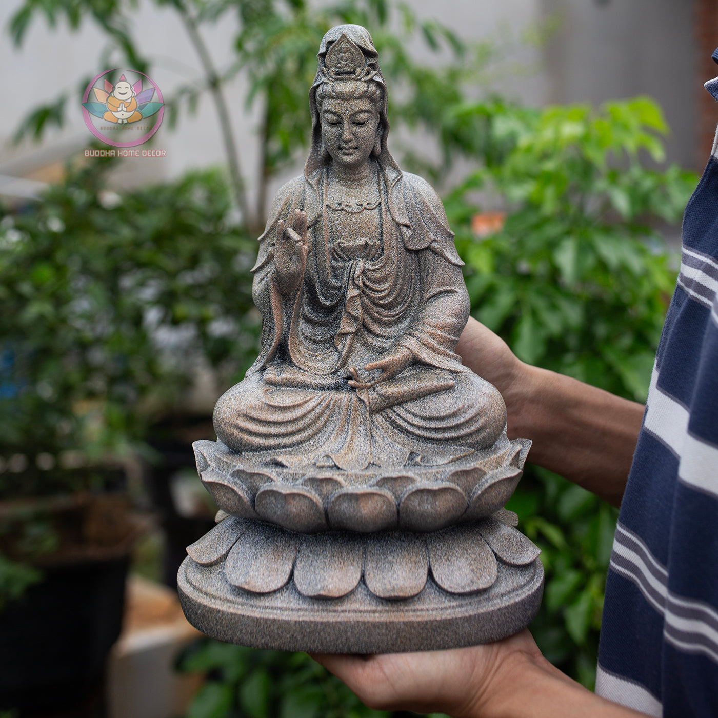 Buddha Trio Statue Set – Shakyamuni (32 cm), Ksitigarbha & Guanyin (30 cm) – Antique Stone Finish