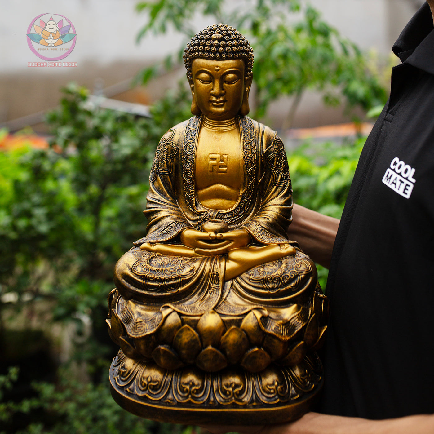 Golden Amitabha Buddha Statue – 14.9" Resin & Stone Sculpture | Meditating Buddha on Lotus Base