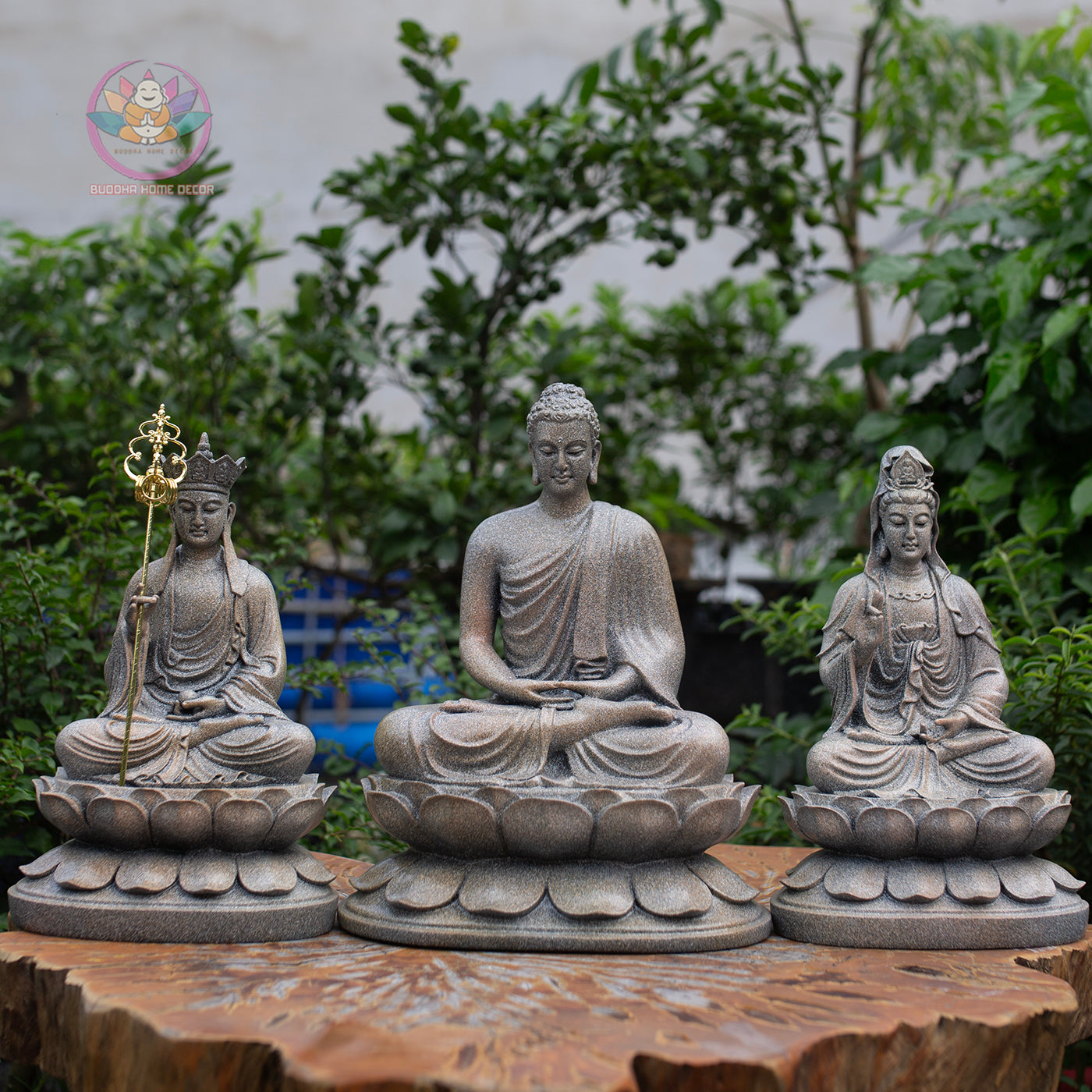 Buddha Trio Statue Set – Shakyamuni (32 cm), Ksitigarbha & Guanyin (30 cm) – Antique Stone Finish