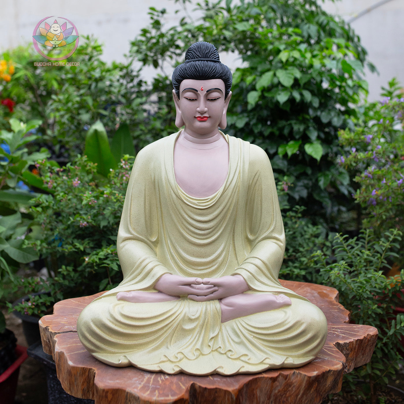 Ivory Yellow Buddha Statue – 21.7" (55cm) Shakyamuni in Meditation | Matte Resin Finish | Handcrafted Vietnamese Buddhist Sculpture
