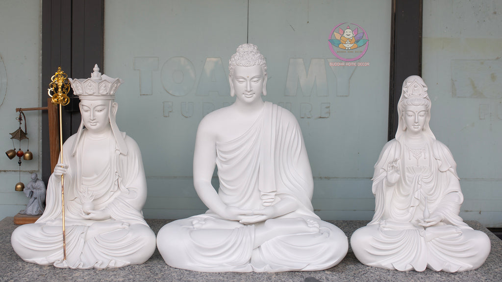 White Buddha Statue Set – Shakyamuni 57 cm, Ksitigarbha and Quan Yin 50 cm | Composite Resin and Stone Powder | Buddhist Altar Decor