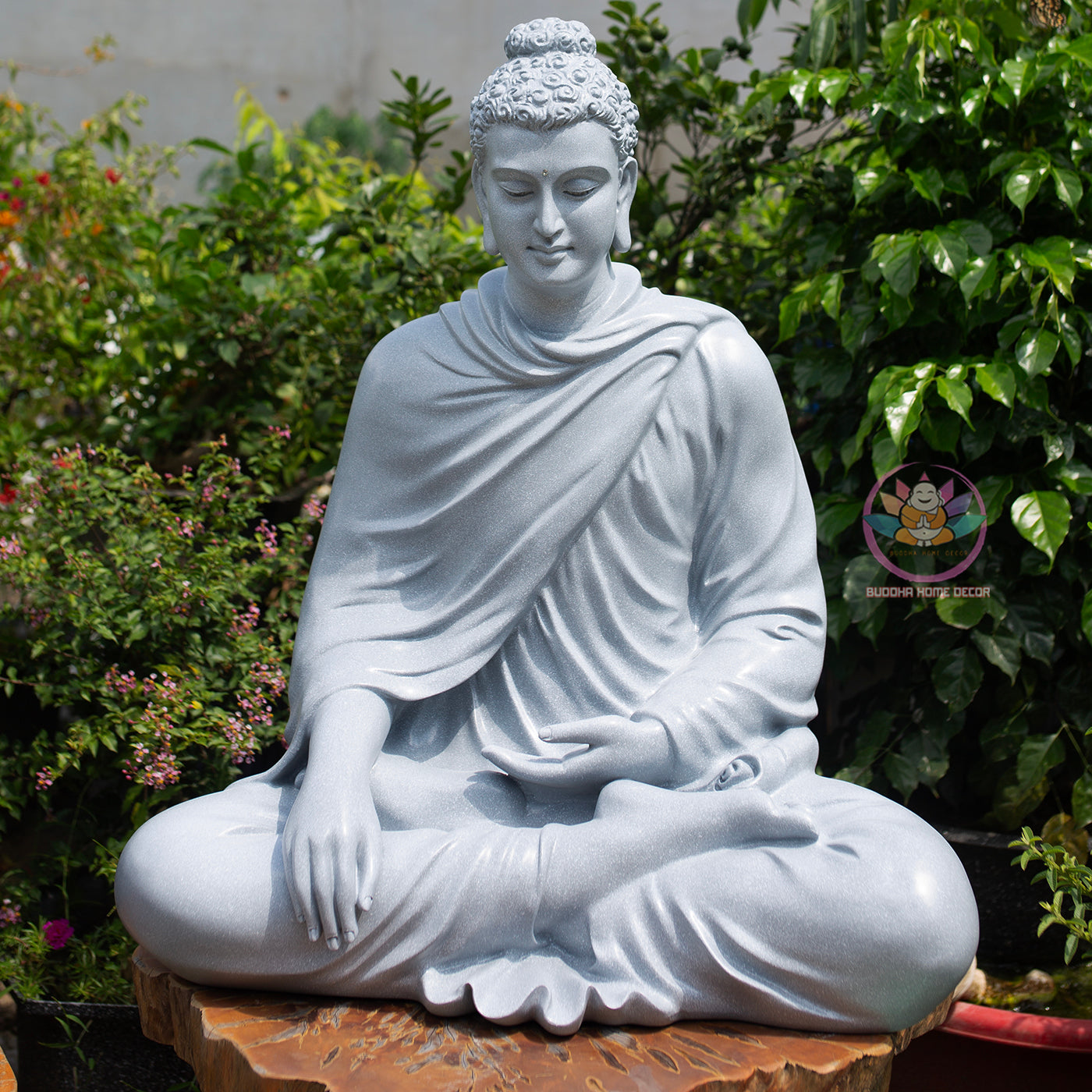 Shakyamuni Buddha Statue – Large Grey Stone Finish Seated Buddha Meditation Sculpture 29.5"