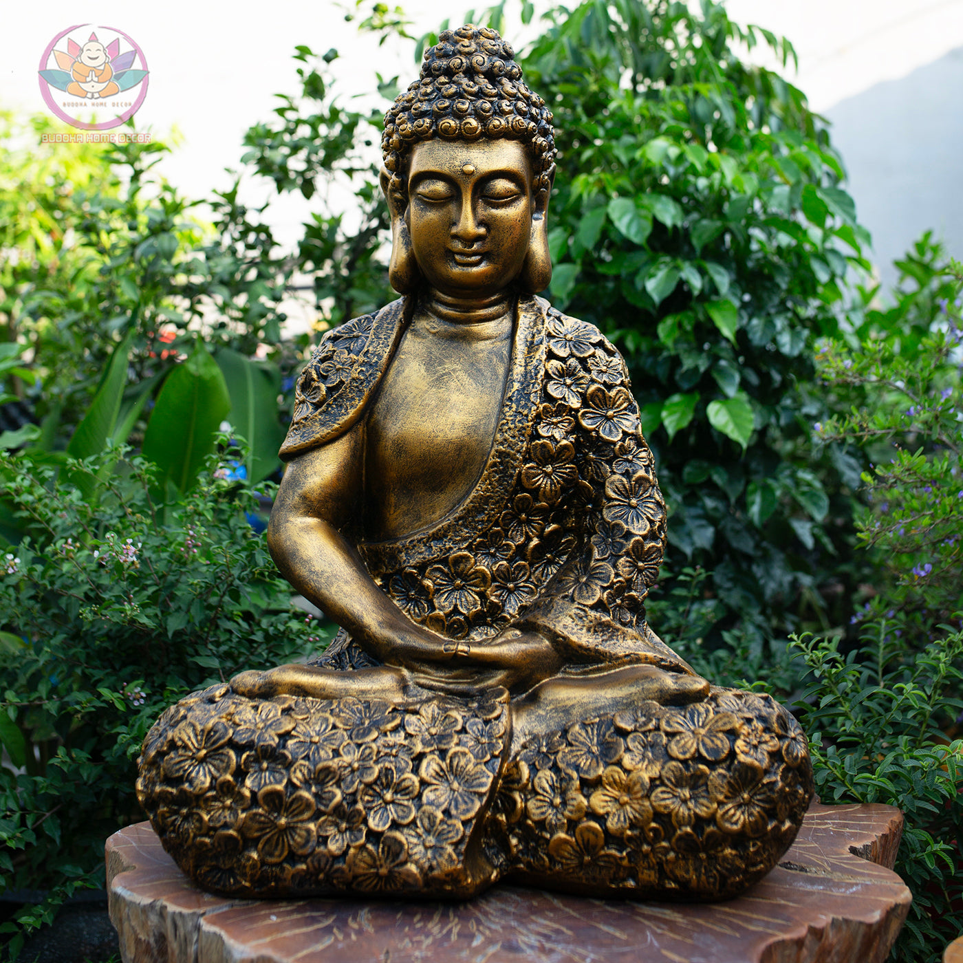 Gold Floral Buddha Statue – 27.6" & 16.9" Resin Meditating Buddha Figurine – Zen Home Altar, Garden, Spiritual Decor Gift