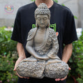 Meditating Buddha Statue 16.9" – Antique Stone Finish Floral Robe Buddha Sculpture