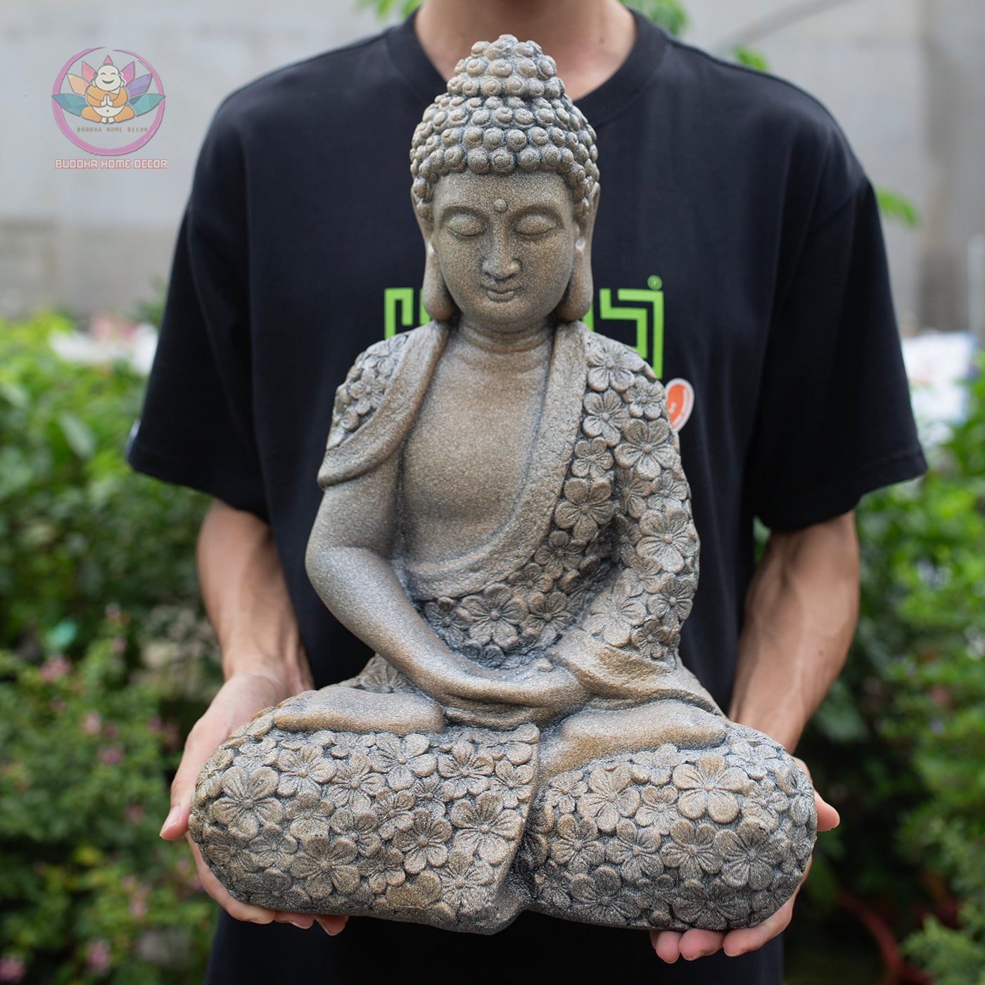 Meditating Buddha Statue 16.9" – Antique Stone Finish Floral Robe Buddha Sculpture