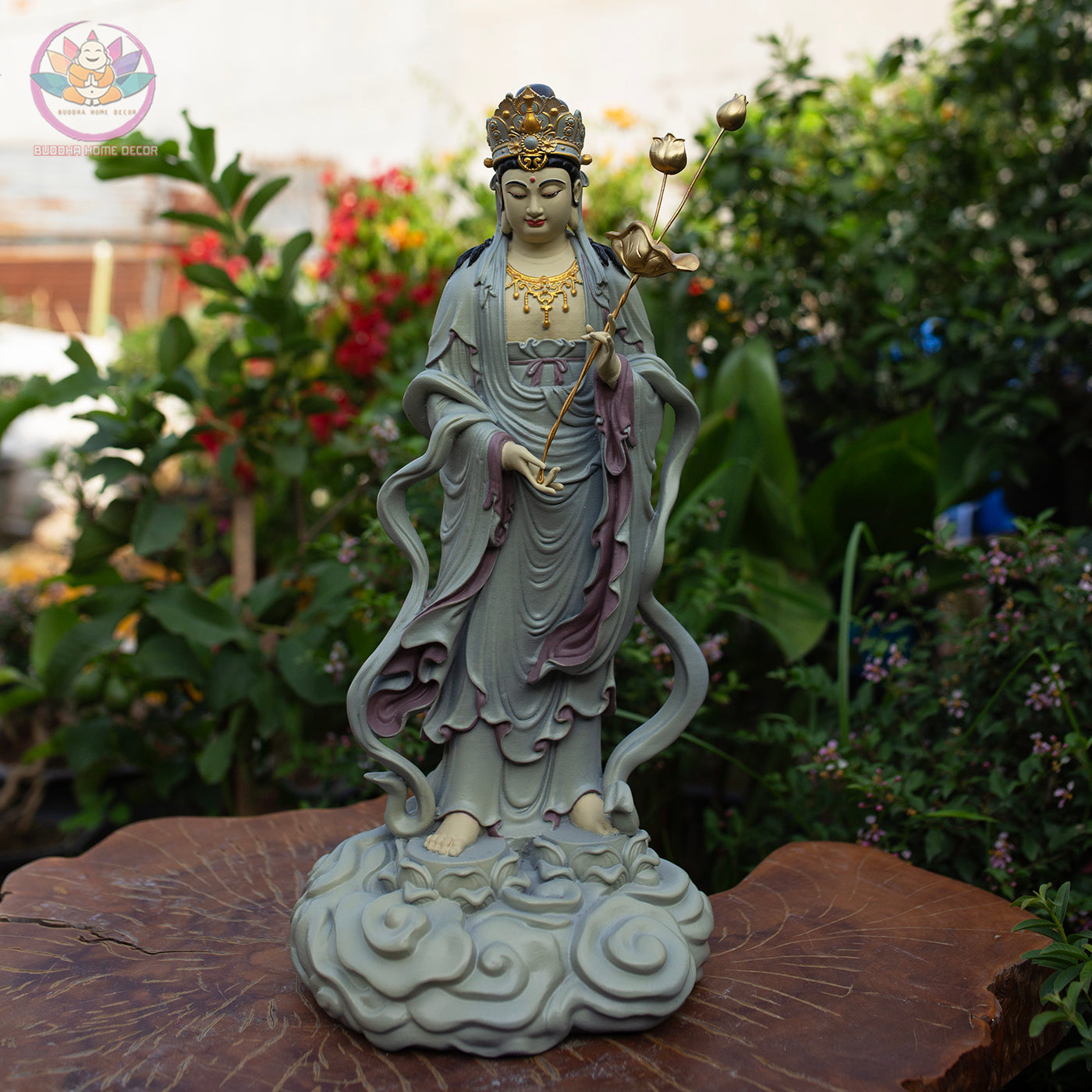 Seishi Bodhisattva Statue – 19.7" (50cm) Standing Mahasthamaprapta with Lotus Staff | Hand-Painted Resin Sculpture | Buddhist Altar Decor