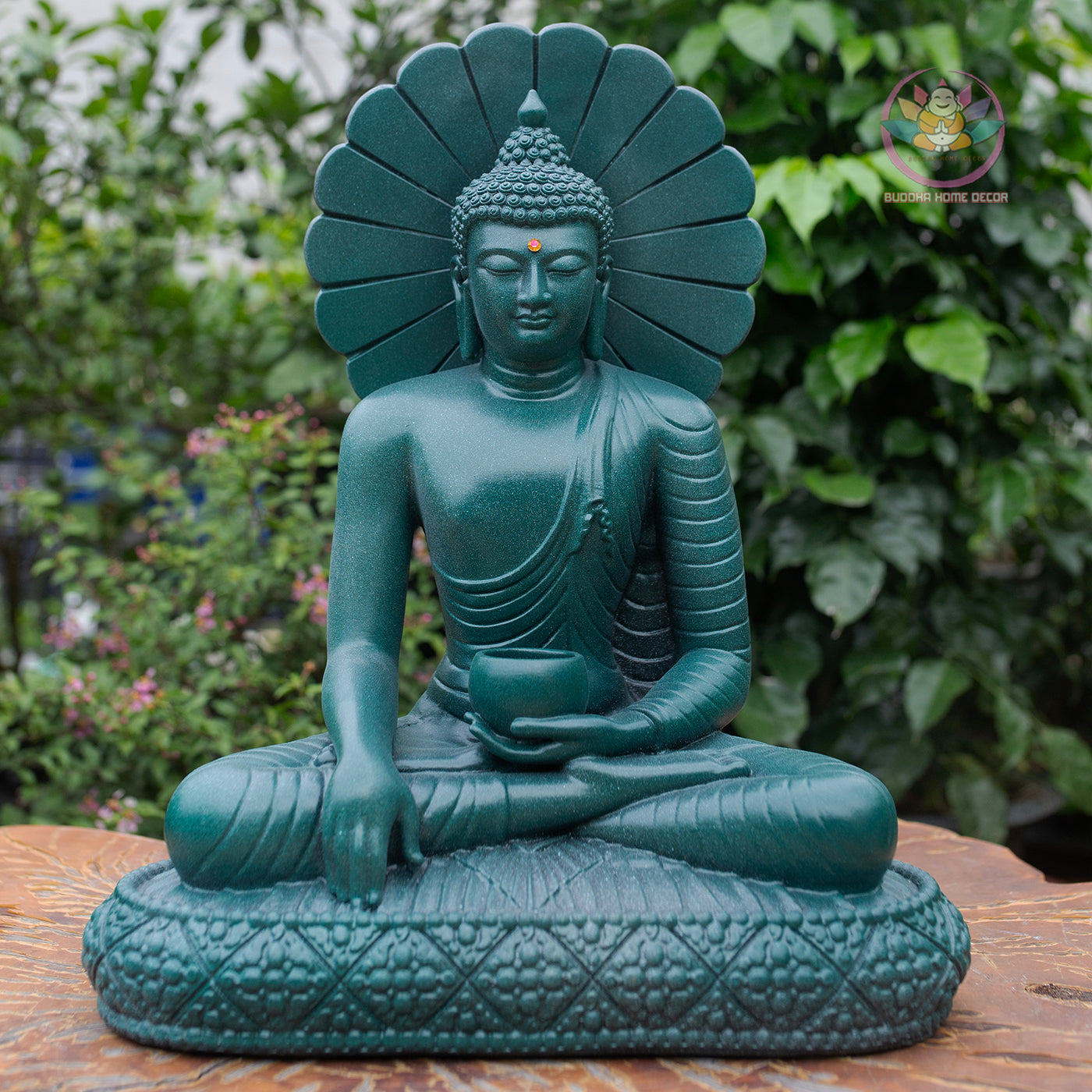 Thai Buddha Statue 15.3" – Composite Seated Buddha with Lotus Bowl and Halo, Antique Green Finish Meditation Sculpture