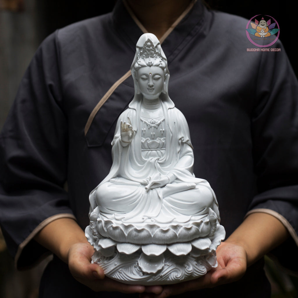 White Guanyin Statue 11.8” | Kuan Yin Goddess of Mercy Figurine | Resin Sculpture for Altar, Zen Home, Meditation, Spiritual Gift